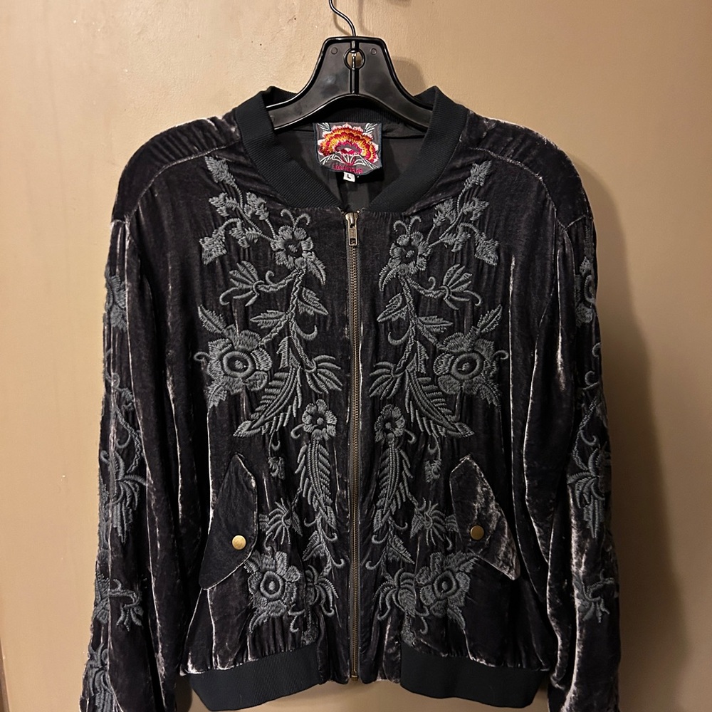 Johnny Was Black Velvet Bomber Jacket with Floral Embroidery